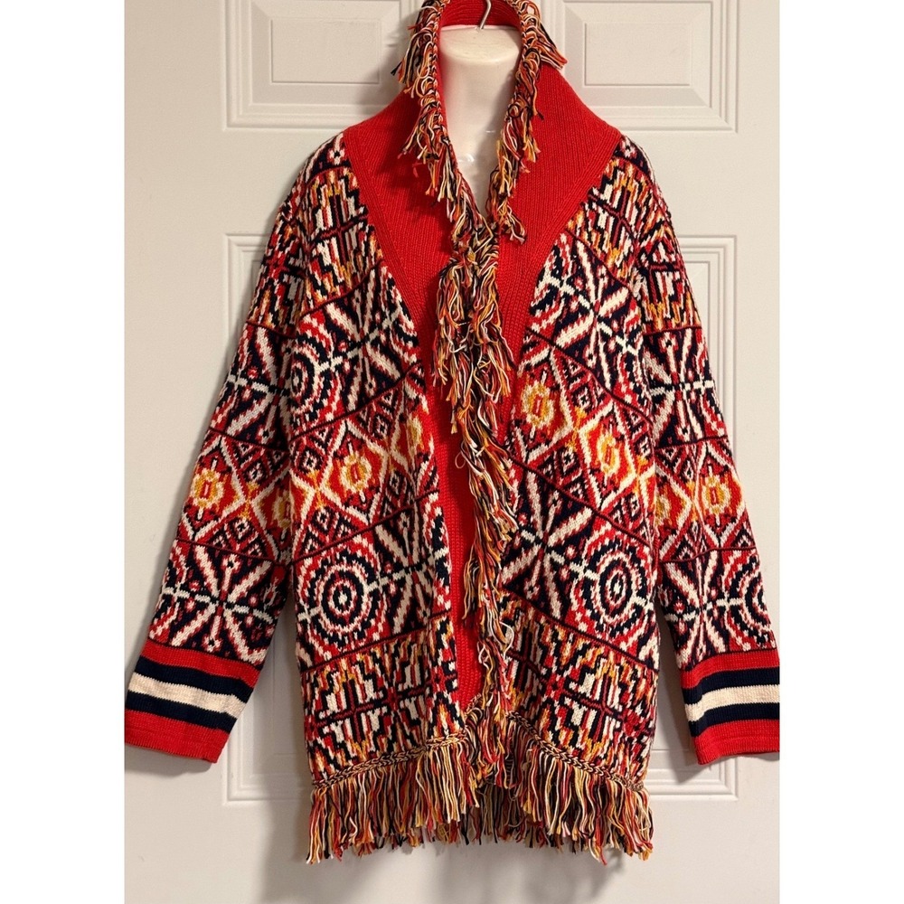 MOTHER Knit Fringe Open Cardigan Sweater Southwestern Wool Peru Large‎